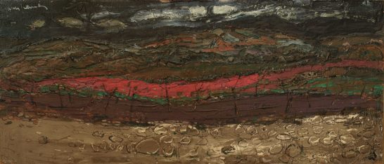 Paisaje Paisaje abstracto con tonos oscuros, líneas rojas y verdes sobre fondo marrón.