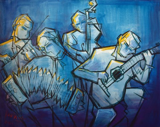 Tango Cuatro músicos estilizados tocando instrumentos, ambientados en tonos azules y amarillos.