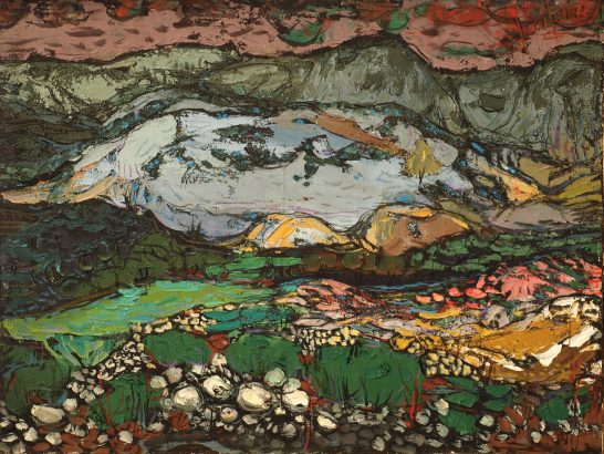 Paisaje Paisaje abstracto con montañas y formas coloridas en tonos verdes, grises y rojos.