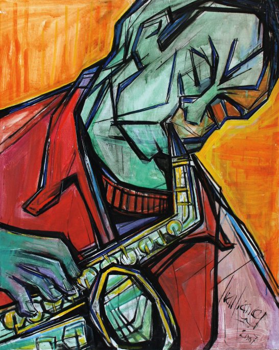 Jazz Hombre tocando el saxofón, estilo abstracto con colores vibrantes.