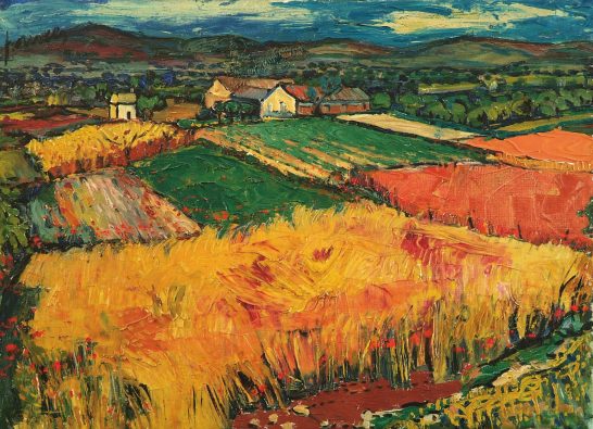 Parcelas con trigo Campos de colores vibrantes con casas en un paisaje rural bajo un cielo nublado.