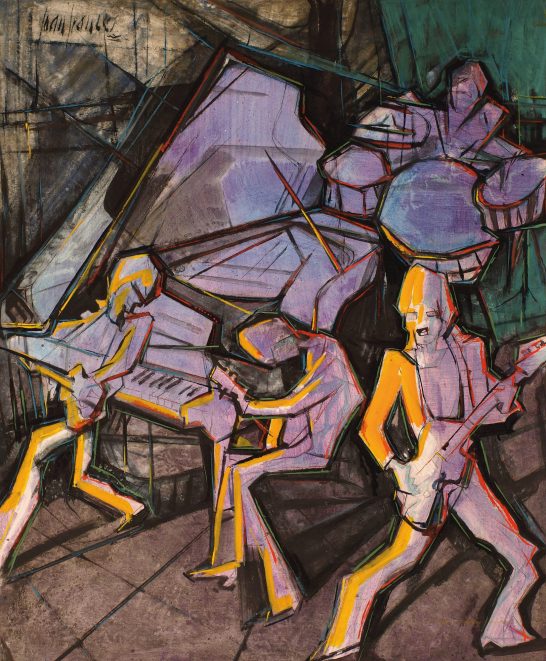 Músicos de rock Cuatro músicos interpretando con instrumentos en un estilo abstracto y colorido.