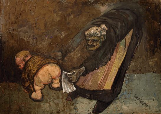 La vieja y el niño Una figura anciana sostiene a un niño que lleva un abrigo, con un fondo oscuro.