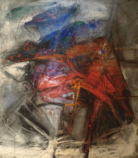 Abstracción Obra abstracta con tonos rojos, azules y grises, con formas dinámicas y texturas marcadas.