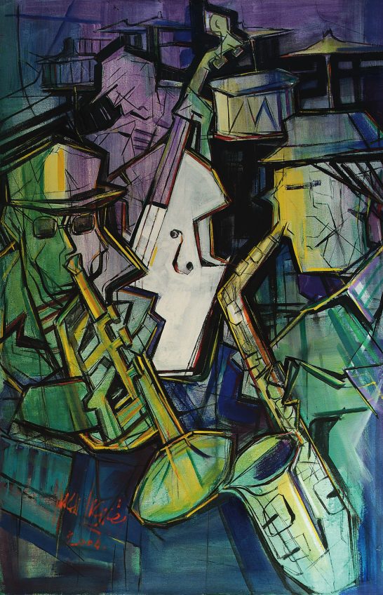 Músicos Dos músicos tocando instrumentos de viento en un fondo abstracto y colorido.