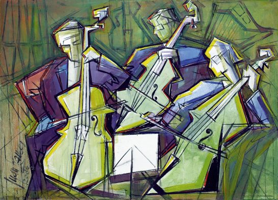 Músicos Tres músicos abstractos tocando instrumentos de cuerda en un fondo colorido.