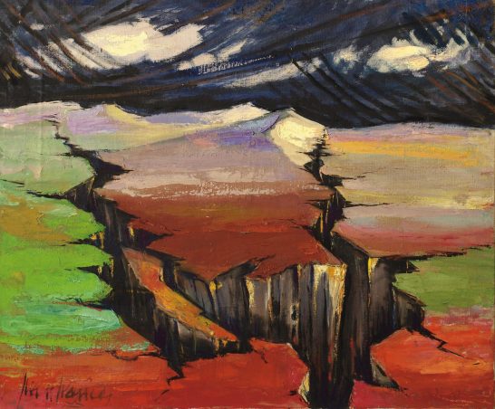 La tierra se abre Paisaje abstracto con tonos vibrantes y una grieta profunda en el centro.