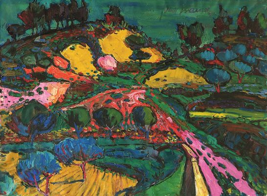 Camino de 'La Estrela' Paisaje colorido con colinas, un puente y árboles en tonos vibrantes de verde y amarillo.