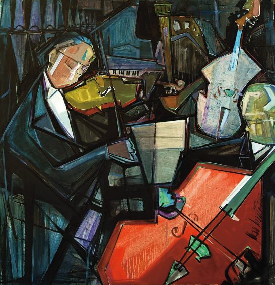 Violinista Músicos interpretando en un concierto, con instrumentos en un estilo abstracto.