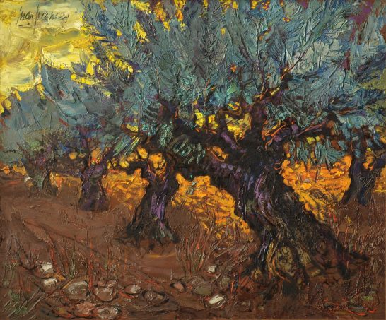 Olivos Olivos con un cielo amarillento al fondo, en un estilo vibrante y expresivo.