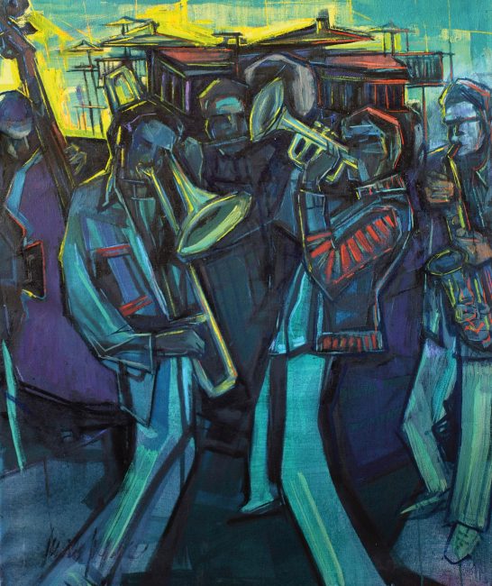 Dixie Músicos de jazz tocando instrumentos en un ambiente colorido y expresivo.