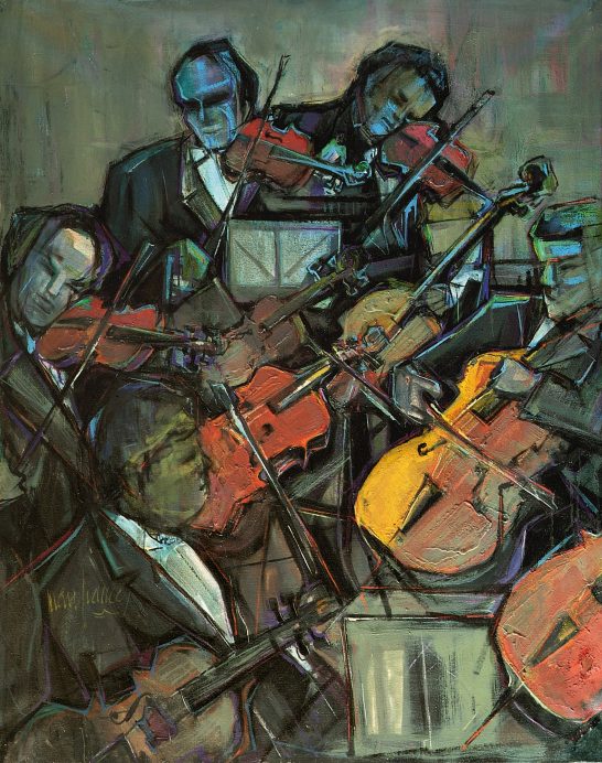 Músicos Grupo de músicos tocando instrumentos de cuerda en un ambiente oscuro y expresionista.