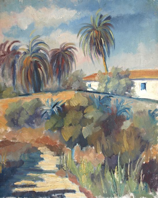 La casona 'Xàtiva' Paisaje con palmeras, casas blancas y vegetación en un entorno natural y soleado.