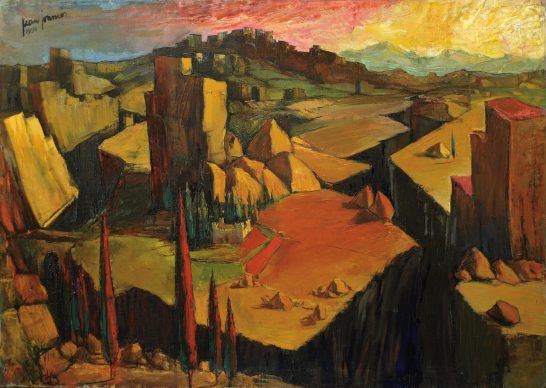 Abismos Paisaje abstracto con formas geométricas y tonos cálidos que evocan una atmósfera surrealista.