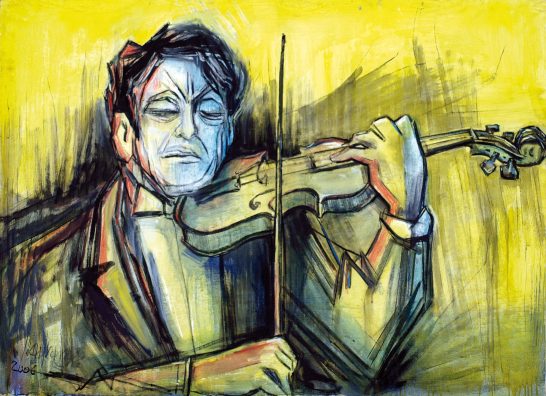 Concertino Hombre tocando el violín, con fondo amarillo y trazos expresionistas en colores vivos.