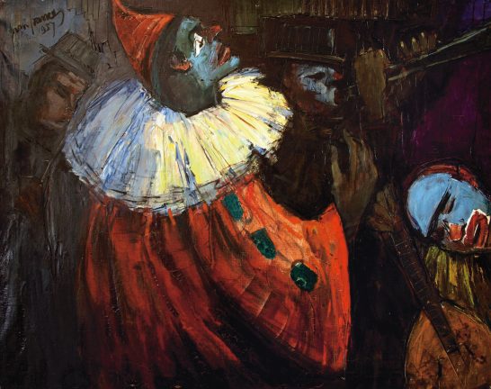 Serenata Pintura de payasos con rostros pintados y vestimenta colorida en un fondo oscuro.