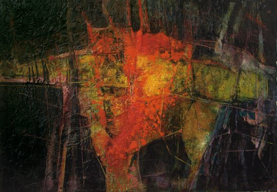 Abstracción Texto abstracto en tonos oscuros con manchas de rojo y amarillo que sugieren movimiento.