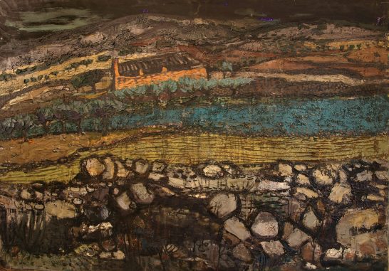 Paisaje triste Paisaje abstracto con tonos oscuros, campos, agua y rocas en primer plano.