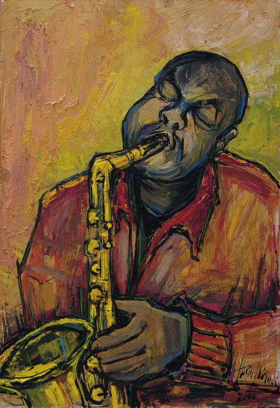 Músico "saxofón" Músico tocando el saxofón, con expresión intensa y colores vibrantes de fondo.