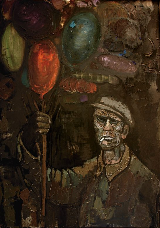 El vendedor de globos Hombre mayor sosteniendo globos de colores, con fondo oscuro y pinceladas abstractas.